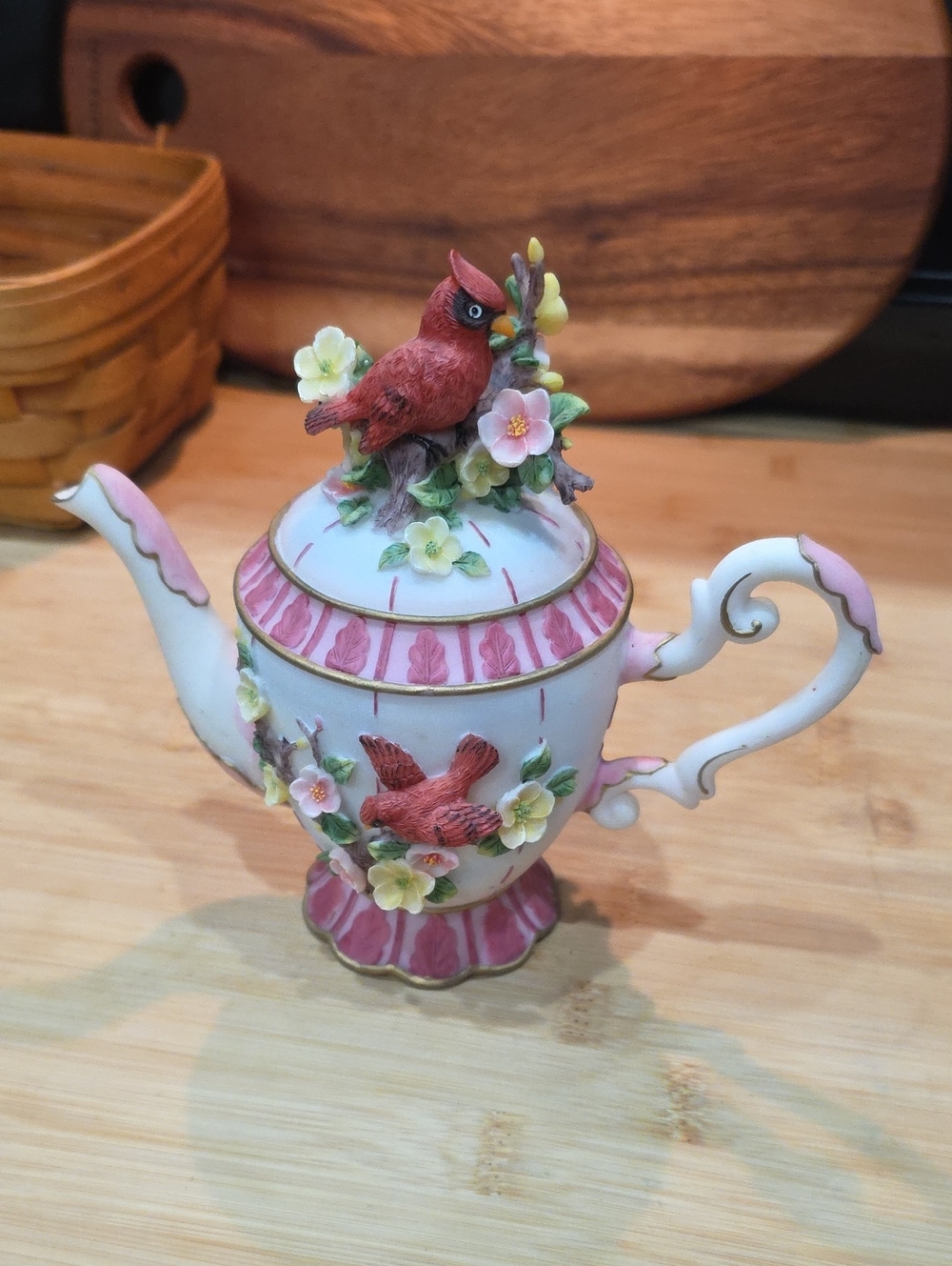 Porcelain Bird Teapot Figurine in Pink and Red - Decorative Pet Bird Accent